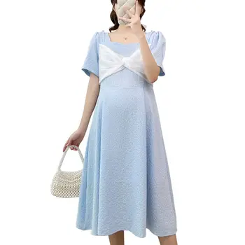 שמלות הריון בגדי קיץ לנשים בהריון 2023 חדש חמוד אופנה אלגנטית O-צוואר טלאים גדולה קשת שמלת הריון