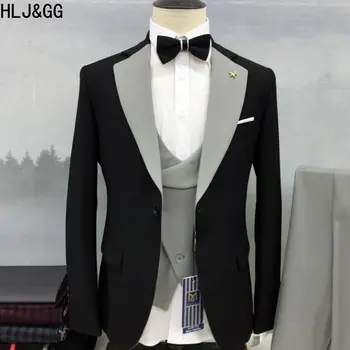 HLJ&GG באיכות גבוהה של גברים החליפה שלוש ערכות קטע האופנה Slim Fit מסיבת החתונה החתן בלייזר אפוד מכנסיים 3 יח ' מתאים לאדם חדש.