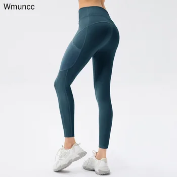 Wmuncc עירום יוגה מכנסיים עם כיס של נשים בלי מבוכה הקו פועל חזק גבוהה המותניים הירכיים אימון כושר ניילון + Spandx