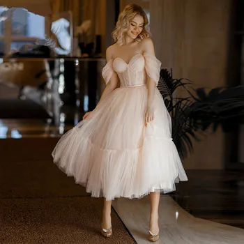 סומק שמלות נשף את הכתף פשוט טול קו מתוקה נסיכה Vestidos דה גאלה תה אורך ערב שמלות המפלגה