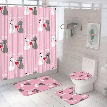 רומנטי לזוג חתול חמוד וילון מקלחת ערכת לב ורוד אוהבת את חג האהבה אמבטיה וילונות החלקה באמבטיה שטיח שטיח כיסוי האסלה