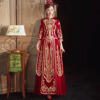 2022 נשים וינטאג סאטן דרקון ופניקס שמלת החתונה Xiuhe החליפה הסינית המסורתית אדום כלה Cheongsam המודרנית צ ' יפאו השמלה
