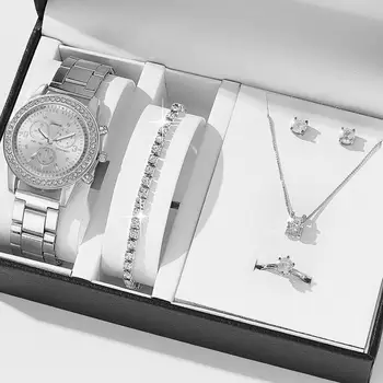 נשים השעון מהממת ריינסטון סט תכשיטי שעון עגילים צמיד שרשרת טבעת אלגנטית קוורץ שעון מתנת יום הולדת.