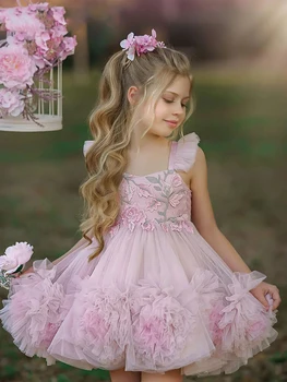 2023 ורוד פרח שמלת ילדה Gir את כתף שמלת מסיבת טול אפליקציות לילדים יום הולדת נסיכה שמלות Vestidos דה נוביה