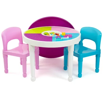 צנוע צוות ילדים 2-in-1 פלסטי פעילות שולחן ו-2 כיסאות להגדיר, עגול, לבן, כחול וורוד