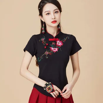 Cheongsam נשים בתוספת גודל צמרות 2023 אופנה הקיץ כותנה רקמה לעמוד צווארון שרוול קצר בסגנון סיני צ ' יפאו חולצות