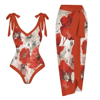בגד ים חתיכה אחת Siwmsuit פרח אדום הדפסה חג Beachwear מעצב בגד ים הקיץ לגלוש ללבוש.