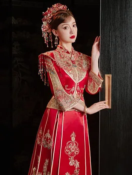 בסגנון סיני כלה כוסית בגדים חדשים 2023 רקמה Cheongsam צ ' יפאו מסורתי פייטים חרוזים ציציות שמלת החתונה