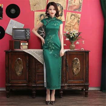 2020 סיני הלבשה תחתונה מנדרין צווארון ירוק כהה גבוה פיצול צ ' יפאו Vestido מזרחי ארוך שמלה צמודה Cheongsam