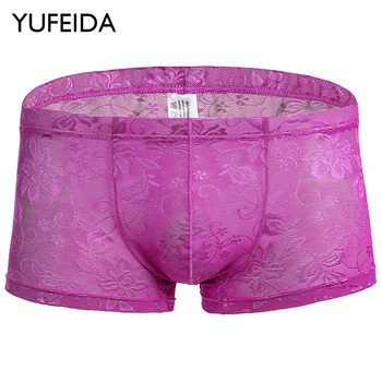 YUFEIDA Mens לנשימה מתאגרף תחתונים Cueca Masculina תחתוני בוקסר תחרה רכה תחתונים של גברים סקסי תחרה מודפסת תחתוני בוקסר.