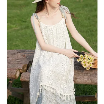 שמלה לבנה 2023 קיץ פרחונית רצועה השמלה צרפתית ציצית תחרה ערב המפלגה שמלת קוריאנית נופש בנות Midi שמלה חמה