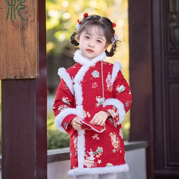 בנות Cheongsam החורף שיפור ארנב הקטיפה השנה ילדים בסגנון סיני Hanfu ביצועים שמלת נסיכה מעובה צ ' יפאו