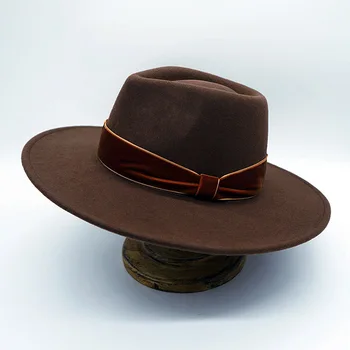 אוסטרלי כובע צמר הרגיש לנשים פנמה כובע חורף חם כובע בסגנון וינטג ' בנות קטיפה סרט להקת שוליים רחבים, ציירו