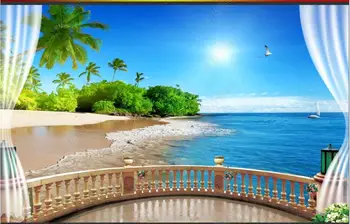 תמונת טפט 3 d מותאם אישית ציור קיר מרפסת על שפת הים בחוף עץ קוקוס נוף, עיצוב הבית, הסלון טפט על קירות בגלילים