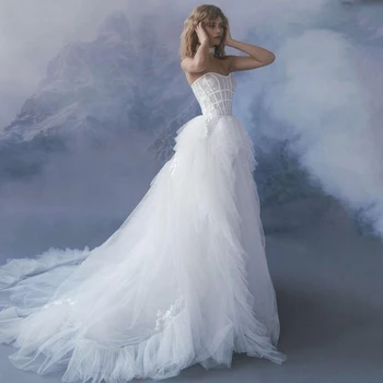 Eightree סקסי שמלות חתונה לבנה פאף שרוול טול כלה שמלה באורך רצפת קו נסיכת חתונה שמלות ערב בתוספת גודל