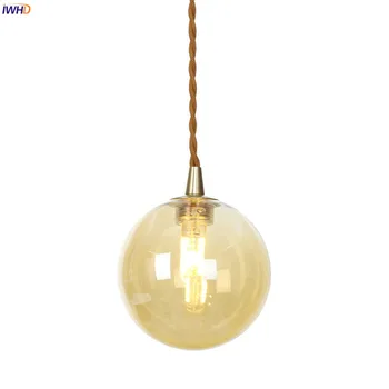 IWHD זכוכית ענבר כדור LED אור תליון השינה פינת אוכל סלון אורות נחושת הנורדית המודרנית תליון מנורה Luminaria תאורה