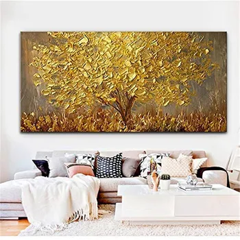 100% יד מצויר ציור הזהב עץ סכין שמן בד פוסטר מופשט גדול אמנות קיר תמונות עבור הסלון