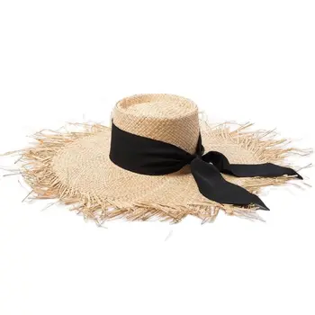 אלגנטי רפיה רפוי כובעים עבור נשים שחור לבן סרט קשת מגן השמש כובעים מצויץ גדול ברים החוף כובעים הגנת UV קיץ הכובע