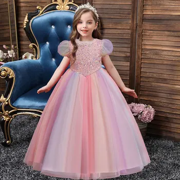 הקיץ שמלת נסיכת ילדה בגדי אופנה פרח ילדה שמלות שרוול קצר לילדים בגדים בנות שמלת 4-14 שנים.