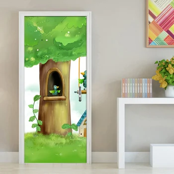 מודרני מצויר עץ ציפור ילדים לחדר השינה דלת קיר תמונות טפט לילדים דלת חדר קישוט קיר PVC מדבקות נייר