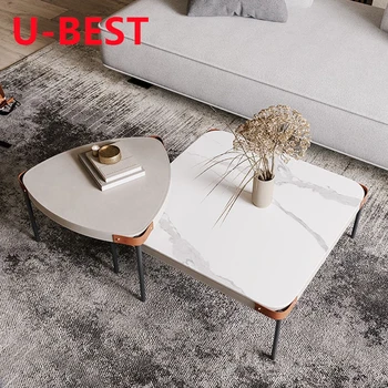 U-הטוב ביותר נורדי עיצוב מודרני אוכף עור שחור מתכת קפה שולחן להגדיר עבור סלון שולחנות קפה שולחן קטן