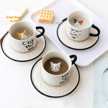200ml חתול חמוד עם תבליט בעבודת יד ספל קרמיקה עם מגש קפה, חלב, תה, תה של אחר הצהריים. סט פורצלן גביע חג חידוש מתנה