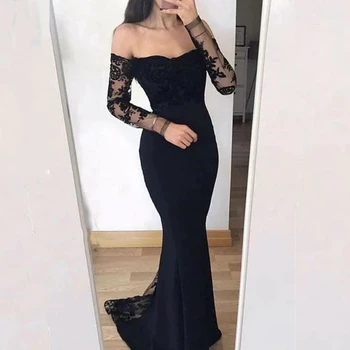 שחור ארוך בתולת ים שמלות ערב מחוץ כתף תחרה אפליקציה פשוטה אלגנטי מיוחד שמלות נשים נשף שמלת שושבינה
