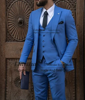 אופנה כחול חתונה, חליפות לגברים דש טוקסידו חתן 3 חלקים קבוצות העסקים הגברי 