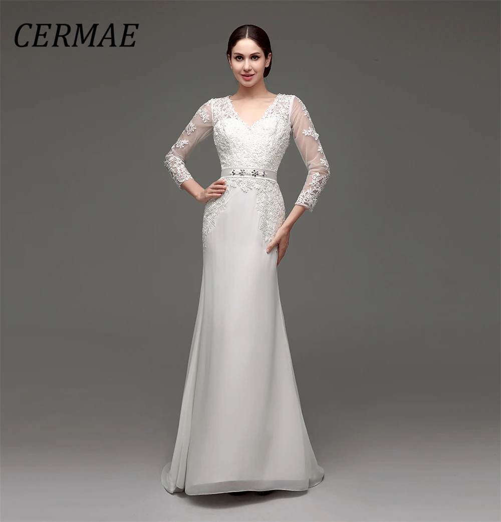 CERMAE קו A שיפון חרוזים חתונה שמלת שרוולים ארוכים לנשף לבן V-צוואר שמלות ערב לנשים 2023 תמונה מפעל מחיר