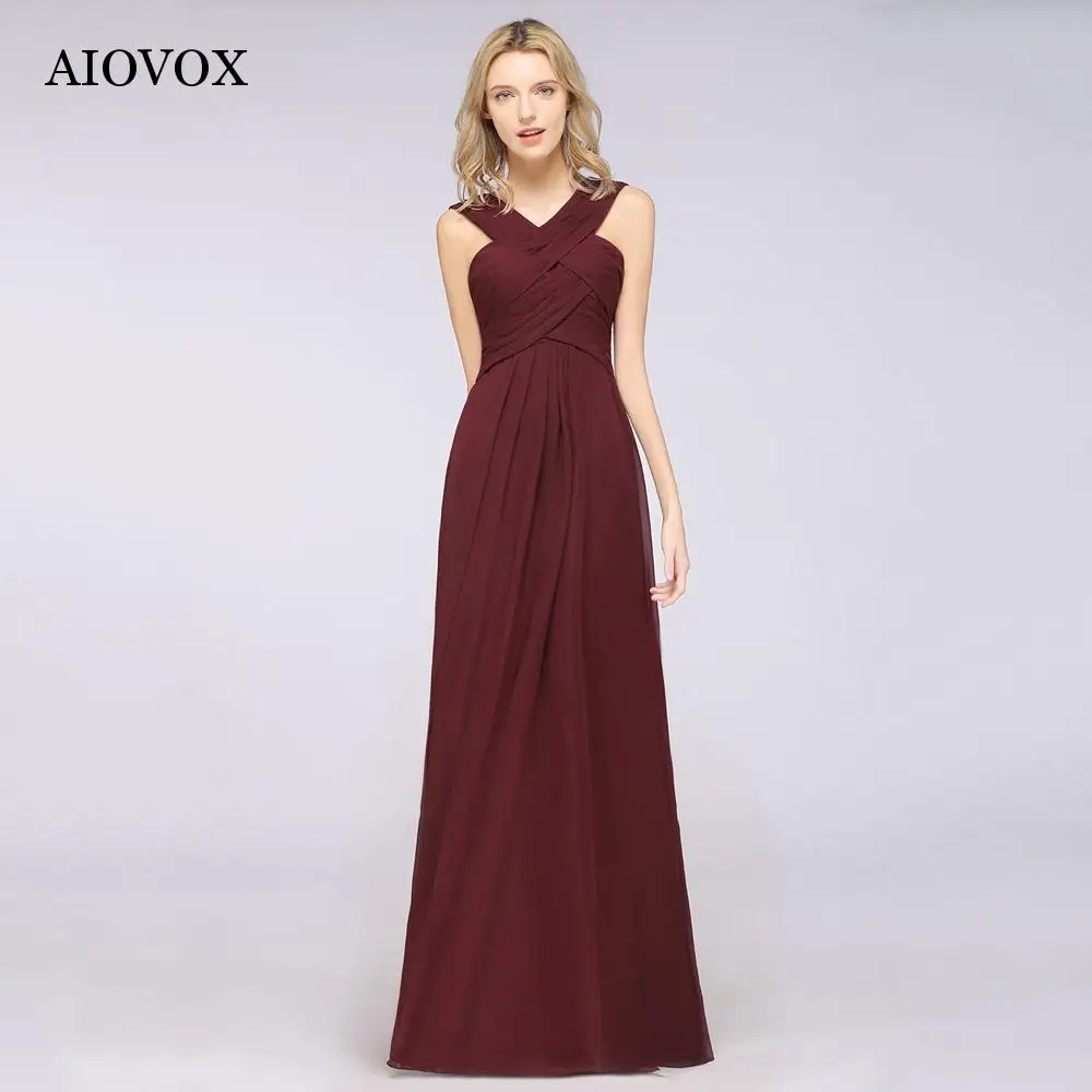 AIOVOX אלגנטי קו שמלות שושבינה לנשים 2023 פשוטה V-צוואר מחשוף גב שמלת קפלים שמלות מקסי כתם אורחת בחתונה, מסיבה