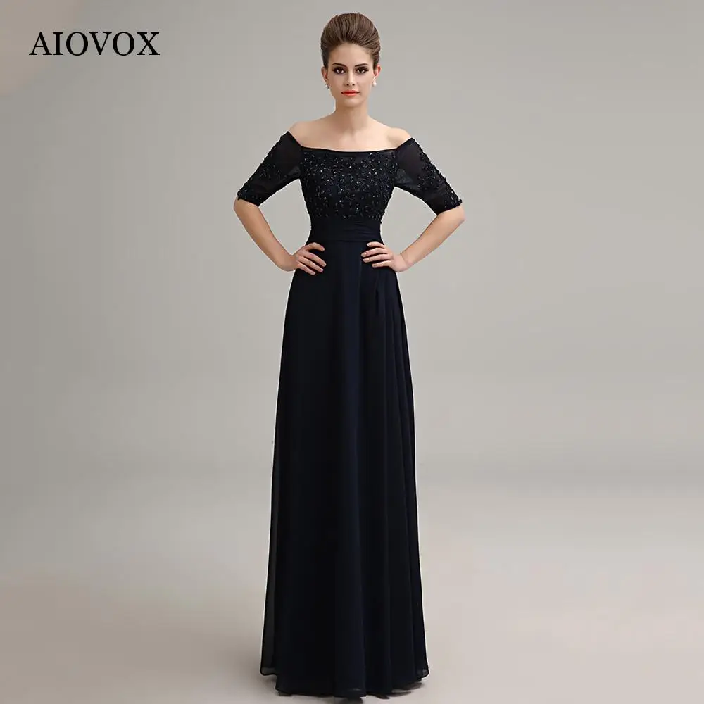 AIOVOX פשוטה שיפון שחור שמלות ערב הסירה צוואר קו A-את השמלה אלגנטית לנשים 2023 חרוזים באורך רצפת Vestido De Noche