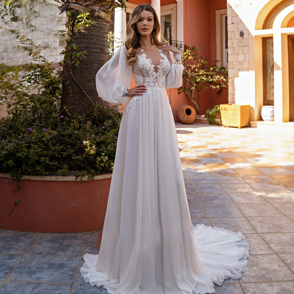 MANRAY אלגנטי אפליקציות V-צוואר קו A שיפון שמלת החתונה כפתור שמלת כלה לכלה 2023 Flowly פאף שרוולים בהתאמה אישית