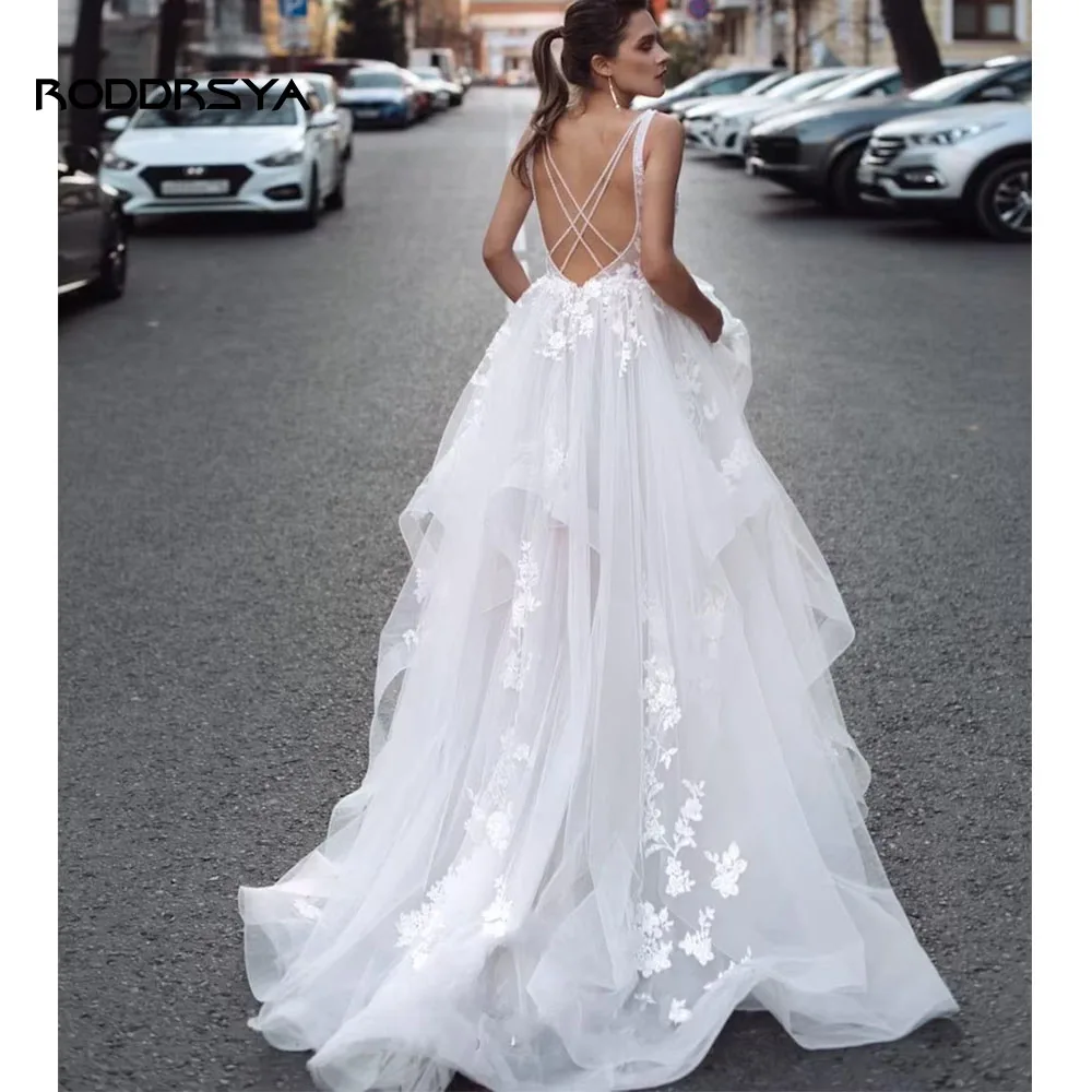 RODDRSYA בוהו חתונה אלגנטית שמלה לנשים 2023 V-צוואר אפליקציות ללא משענת קריס-קרוס BrideGown Vestidos דה נוביה בהזמנה אישית