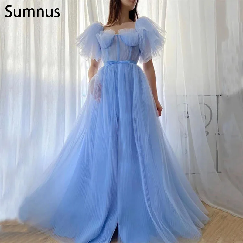 Sumnus רבוע כחול אבנט צוואר נפוחות שרוול טול שמלות לנשף 2022 קפלים קו לפצל ללא משענת שמלות ערב גלימות דה לנשף