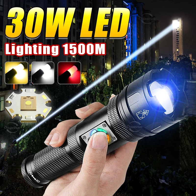 גבוה עוצמה 30W LED פנס בהיר קלח קמפינג מנורה מובנה 5000mAh נטענת הבזק אור עמיד למים יד הפנס