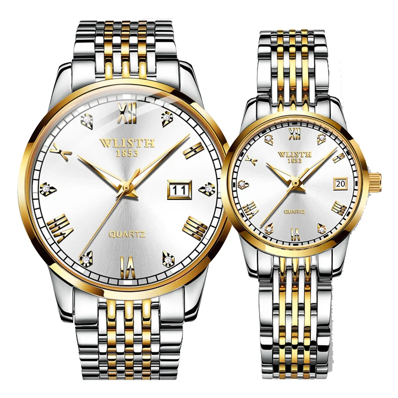 הזוג החדש שעונים לאוהבי קוורץ שעון יד עסקי האופנה Watch עבור נשים גברים שעונים נירוסטה שעונים עם תיבת
