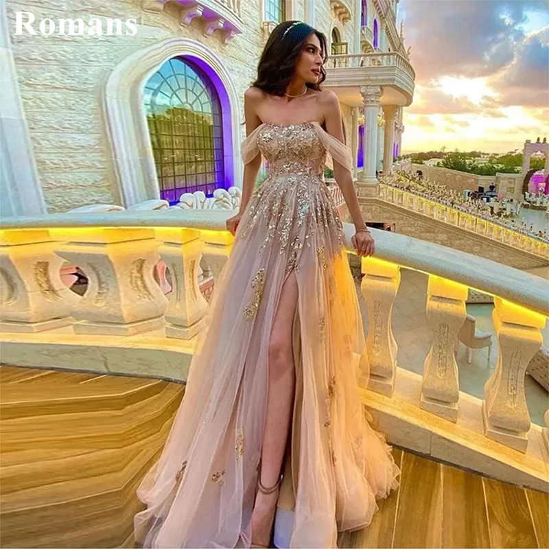 הרומאים שמפניה את כתף שמלת ערב לנשים קו השמלה הארוכה אפליקציות סטרפלס vestidos דה נוצ ' ה אירועים מיוחדים