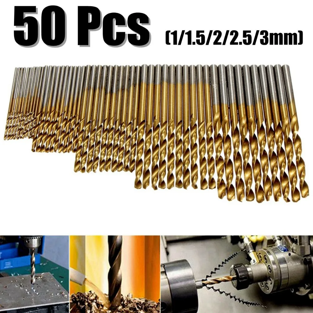 חם למכור 50Pcs טיטניום מצופה מקדחים HSS פלדה במהירות גבוהה מקדחים סט כלי באיכות גבוהה, כוח כלים 1/1.5/2/2.5/3 מ 