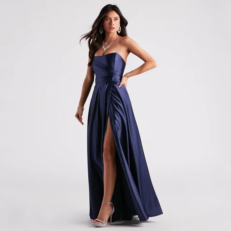 כחול שמלת סטרפלס A-line הרשמית שמלות לנשף באורך רצפת סאטן עטוף שמלת Ruched חרך שמלת ערב לנשים 2023