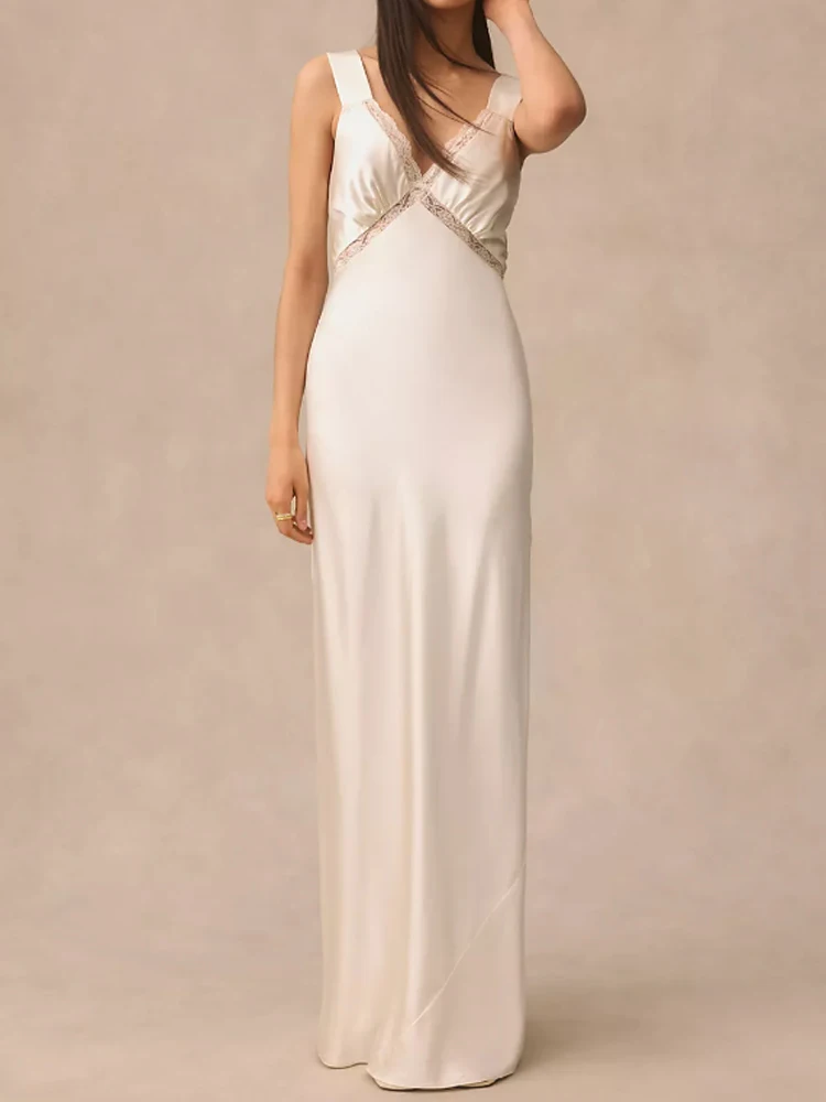 כלה שמלות חתונה עבור נשים אלגנטי V-צוואר תחרה פרחונית ללא שרוולים בתולת ים באורך רצפת סאטן רשמית מסיבת נשף, ערב 2023