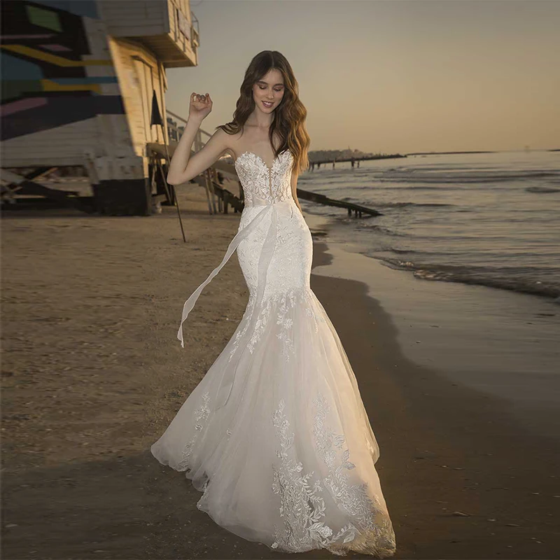 מדהים מלאכת-יד שמלת כלה תחרה מתוקה אפליקציות קשת שמלות כלה בתולת ים סקסית אשליה כלה שמלת Vestido De Noiva
