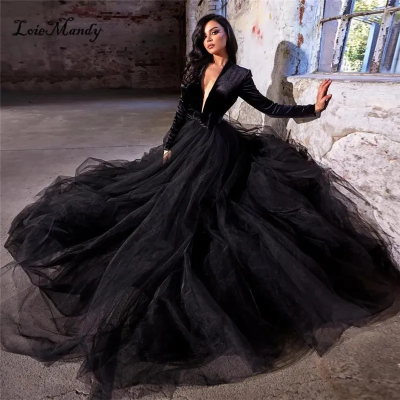 שרוולים ארוכים שחורים שמלות לנשף 2023 צווארון וי עמוק רשמית אירוע שמלה עבור נשים רך טול ערב צד שמלות