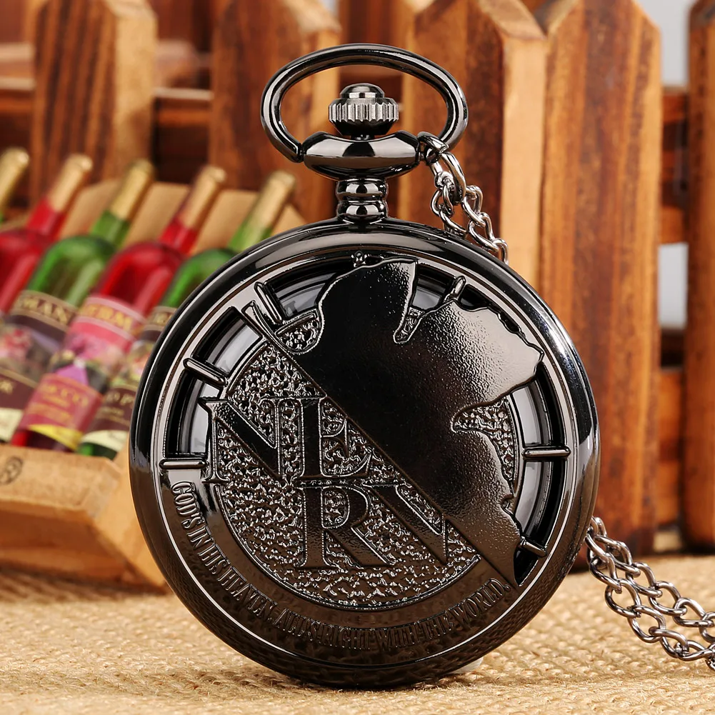 שרשרת שעון הכיס שחור גדול קוורץ Fob שעון תליון מתנה לגברים בציר ספרות רומיות חיוג חלול עיצוב Карманные часы