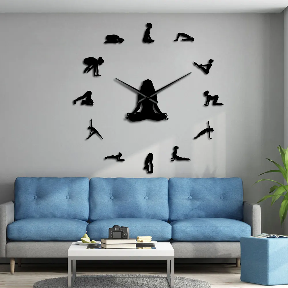 תנוחות יוגה ענק DIY שעון קיר למצוא את האיזון מדיטציה אמנות קיר בבית Dcor מודרני גדול קיר שעון מודעות מתנה